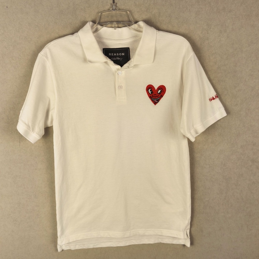 Reason x Keith Haring Polo‎ Shirt Mens Small White Embroidered Heart Streetwear